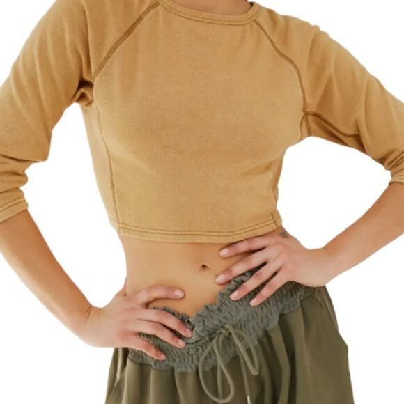 Free People Burnt Gold Long Sleeve Circle Back Crop Top Size S - Picture 1 of 10